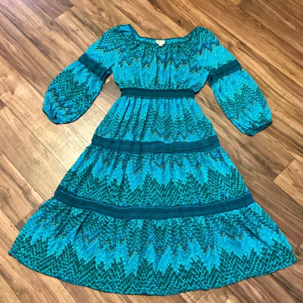 Anthropologie Fig and Flowers Bohemian Midi Dress in Blue/Green Medium